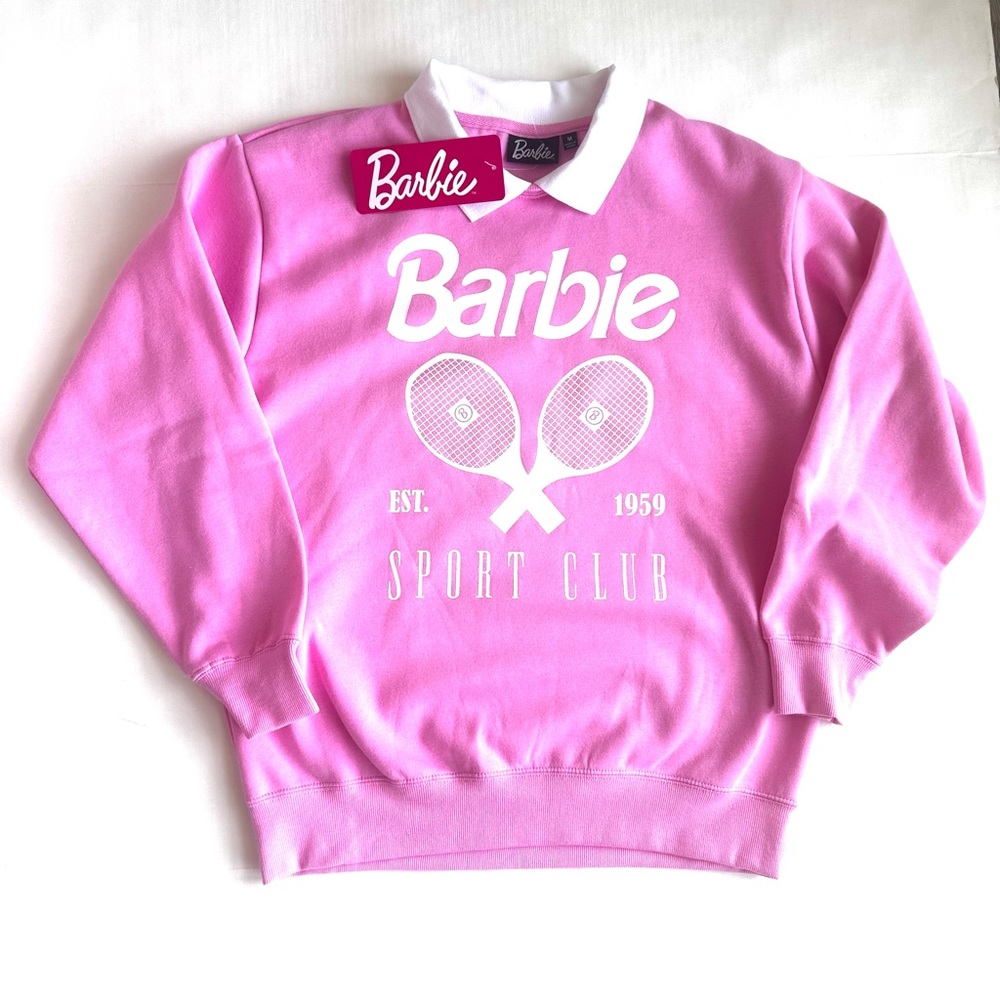 Barbie Mock Neck Women’s Sweatshirt Pink White New With Tags